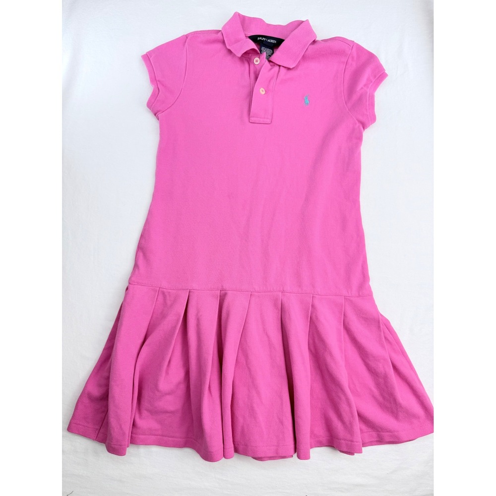 Ralph Lauren Girls Pink Short Sleeve Pleated Polo Dress Size M 8-10